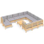 12-Piece Garden Lounge Set with Grey Cushions Pine Wood Outdoor Patio Furniture
