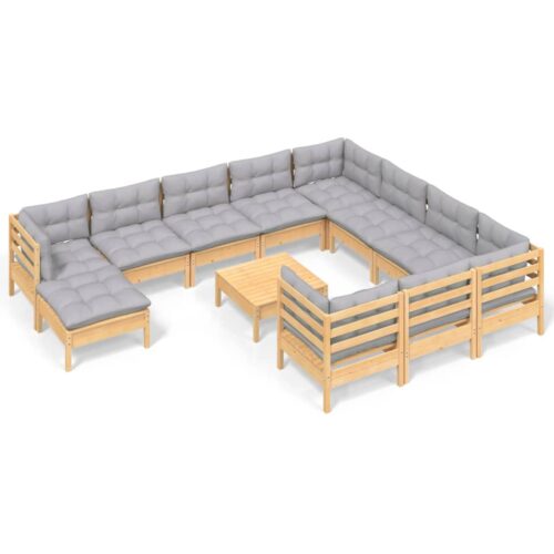 12-Piece Garden Lounge Set with Grey Cushions Pine Wood Outdoor Patio Furniture