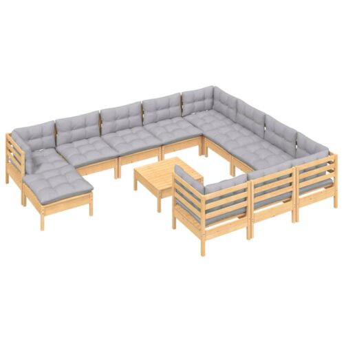 12-Piece Garden Lounge Set with Grey Cushions Pine Wood Outdoor Patio Furniture - Image 2
