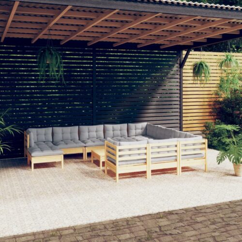 12-Piece Garden Lounge Set with Grey Cushions Pine Wood Outdoor Patio Furniture - Image 9