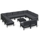 12-Piece Garden Lounge Set with Cushions Black Pine Wood Outdoor Patio Furniture