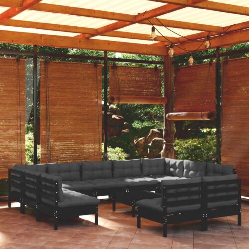 12-Piece Garden Lounge Set with Cushions Black Pine Wood Outdoor Patio Furniture - Image 10