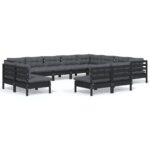 12-Piece Garden Lounge Set with Cushions Black Pine Wood Outdoor Patio Furniture