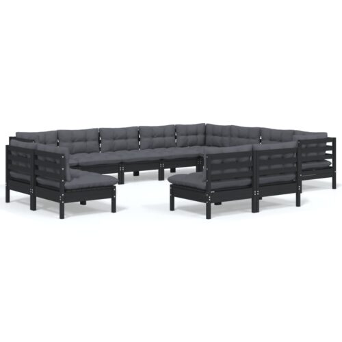 12-Piece Garden Lounge Set with Cushions Black Pine Wood Outdoor Patio Furniture