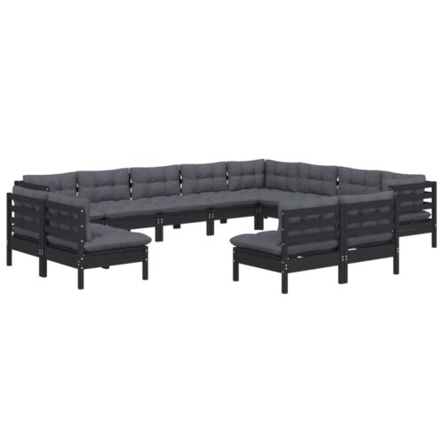 12-Piece Garden Lounge Set with Cushions Black Pine Wood Outdoor Patio Furniture - Image 3