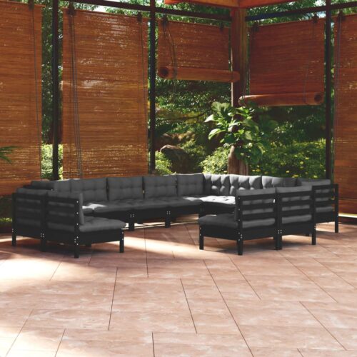 12-Piece Garden Lounge Set with Cushions Black Pine Wood Outdoor Patio Furniture - Image 8