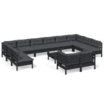 13-Piece Garden Lounge Set with Cushions Black Pine Wood Outdoor Patio Furniture