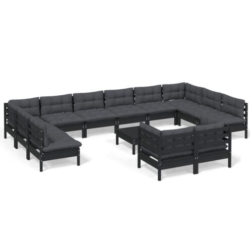 13-Piece Garden Lounge Set with Cushions Black Pine Wood Outdoor Patio Furniture