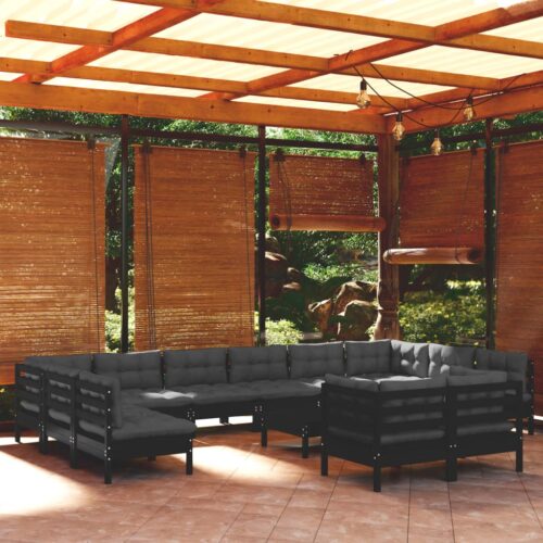13-Piece Garden Lounge Set with Cushions Black Pine Wood Outdoor Patio Furniture - Image 9