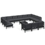 14-Piece Garden Lounge Set with Cushions Black Pine Wood Outdoor Patio Furniture