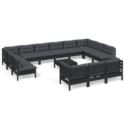 14-Piece Garden Lounge Set with Cushions Black Pine Wood Outdoor Patio Furniture