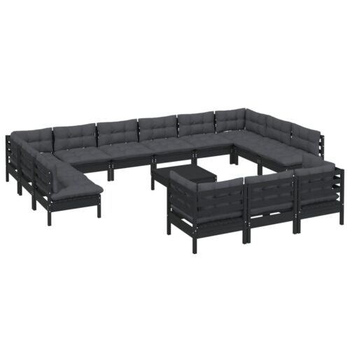 14-Piece Garden Lounge Set with Cushions Black Pine Wood Outdoor Patio Furniture - Image 3