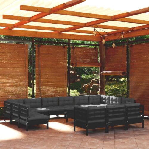 14-Piece Garden Lounge Set with Cushions Black Pine Wood Outdoor Patio Furniture - Image 10