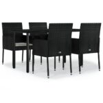 5-Piece Garden Dining Set with Cushions Black Poly Rattan Wicker Outdoor Patio Furniture