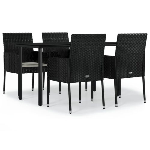 5-Piece Garden Dining Set with Cushions Black Poly Rattan Wicker Outdoor Patio Furniture