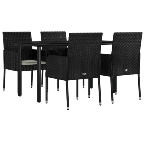 5-Piece Garden Dining Set with Cushions Black Poly Rattan Wicker Outdoor Patio Furniture - Image 3