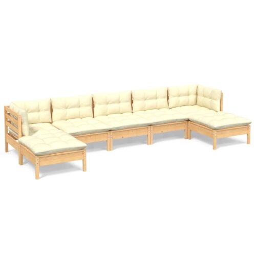7-Piece Garden Lounge Set with Cream Cushions Pine Wood Outdoor Patio Furniture