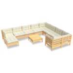 11-Piece Garden Lounge Set with Cream Cushions Pine Wood Outdoor Patio Furniture