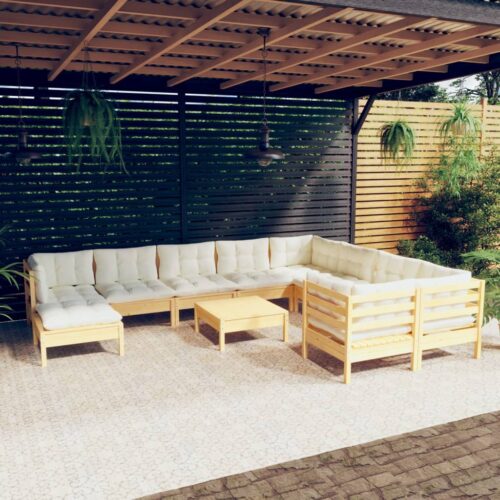 11-Piece Garden Lounge Set with Cream Cushions Pine Wood Outdoor Patio Furniture - Image 9