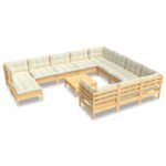 12-Piece Garden Lounge Set with Cream Cushions Pine Wood Outdoor Patio Furniture