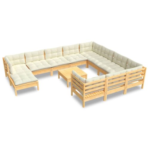 12-Piece Garden Lounge Set with Cream Cushions Pine Wood Outdoor Patio Furniture