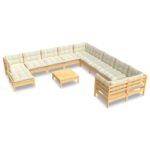 12-Piece Garden Lounge Set with Cream Cushions Pine Wood Outdoor Patio Furniture