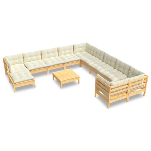 12-Piece Garden Lounge Set with Cream Cushions Pine Wood Outdoor Patio Furniture