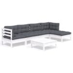 6-Piece Garden Lounge Set with Cushions White Pine Wood Outdoor Patio Furniture