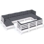 10-Piece Garden Lounge Set with Cushions White Pine Wood Outdoor Patio Furniture