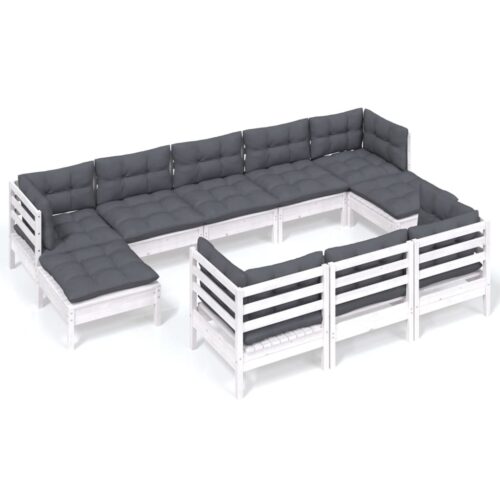 10-Piece Garden Lounge Set with Cushions White Pine Wood Outdoor Patio Furniture