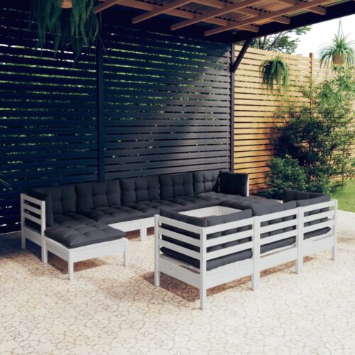 10-Piece Garden Lounge Set with Cushions White Pine Wood Outdoor Patio Furniture - Image 10