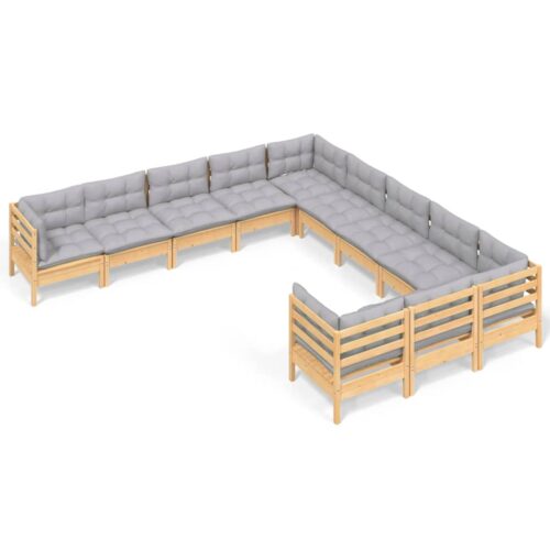 11-Piece Garden Lounge Set with Grey Cushions Pine Wood Outdoor Patio Furniture