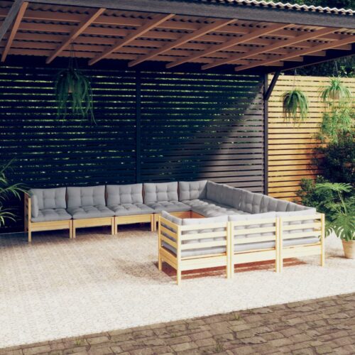 11-Piece Garden Lounge Set with Grey Cushions Pine Wood Outdoor Patio Furniture - Image 6