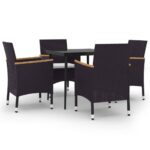 5-Piece Garden Dining Set with Cushions Poly Rattan Wicker Outdoor Patio Furniture Glass