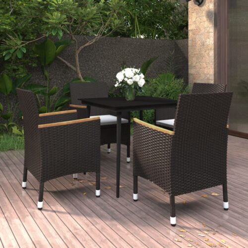 5-Piece Garden Dining Set with Cushions Poly Rattan Wicker Outdoor Patio Furniture Glass - Image 9