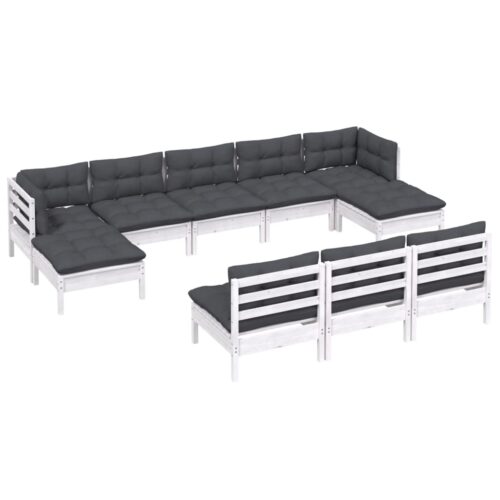 10-Piece Garden Lounge Set with Cushions White Pine Wood Outdoor Patio Furniture