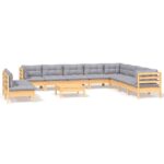 11-Piece Garden Lounge Set with Grey Cushions Pine Wood Outdoor Patio Furniture