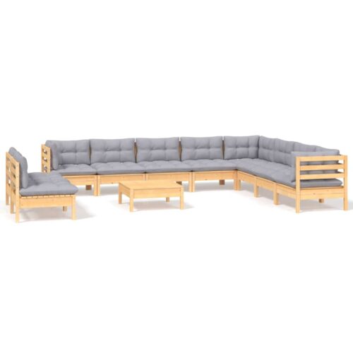 11-Piece Garden Lounge Set with Grey Cushions Pine Wood Outdoor Patio Furniture