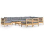 11-Piece Garden Lounge Set with Grey Cushions Pine Wood Outdoor Patio Furniture