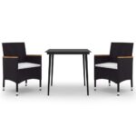 3-Piece Garden Dining Set with Cushions Poly Rattan Wicker Outdoor Patio Furniture Glass