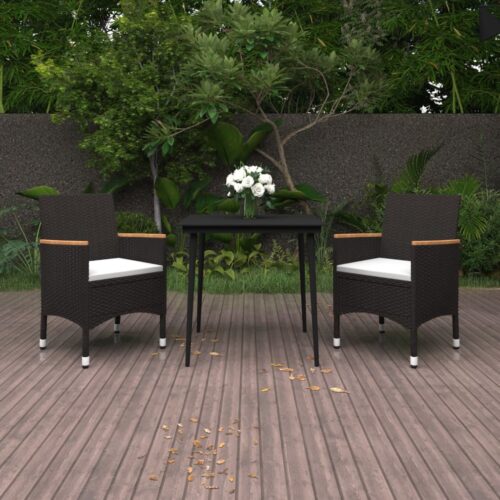 3-Piece Garden Dining Set with Cushions Poly Rattan Wicker Outdoor Patio Furniture Glass - Image 9