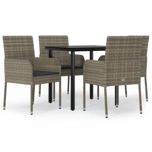 5-Piece Garden Dining Set with Cushions Black Grey Poly Rattan Wicker Outdoor Patio Furniture