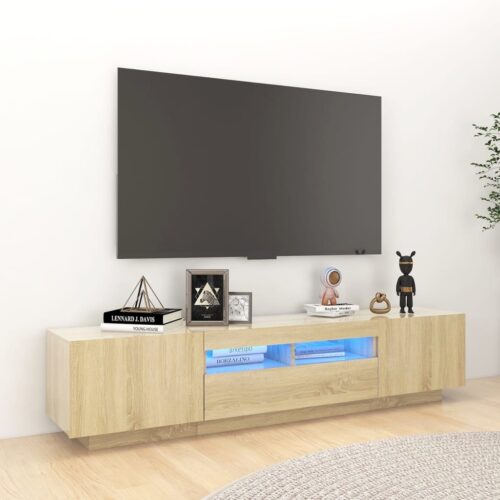 LED RGB Lights Wooden TV Cabinet Entertainment Unit Stand Storage Rack Shelf Oak - Image 11