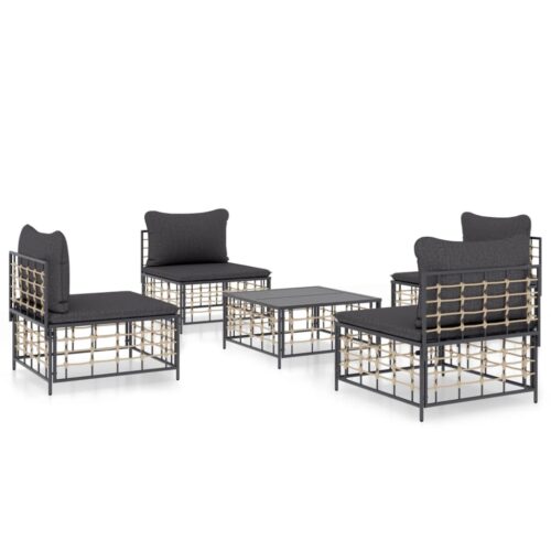 5-Piece Garden Lounge Set with Cushions Anthracite Poly Rattan