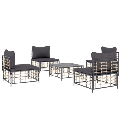 5-Piece Garden Lounge Set with Cushions Anthracite Poly Rattan - Image 3