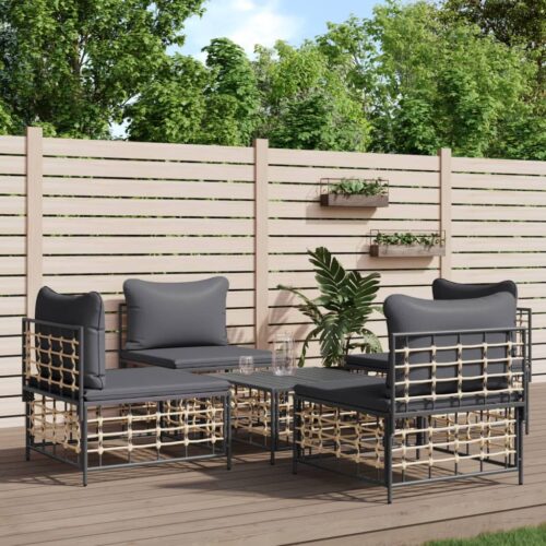 5-Piece Garden Lounge Set with Cushions Anthracite Poly Rattan - Image 9
