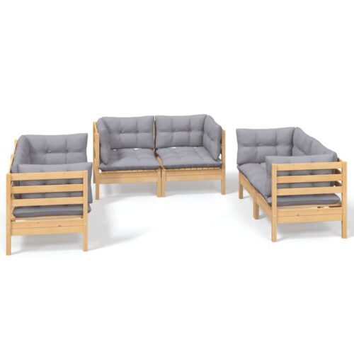 6-Piece Garden Lounge Set with Grey Cushions Pine Wood Outdoor Patio Furniture