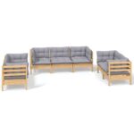 7-Piece Garden Lounge Set with Grey Cushions Pine Wood Outdoor Patio Furniture