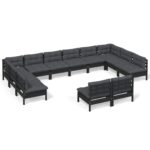 12-Piece Garden Lounge Set with Cushions Black Pine Wood Outdoor Patio Furniture
