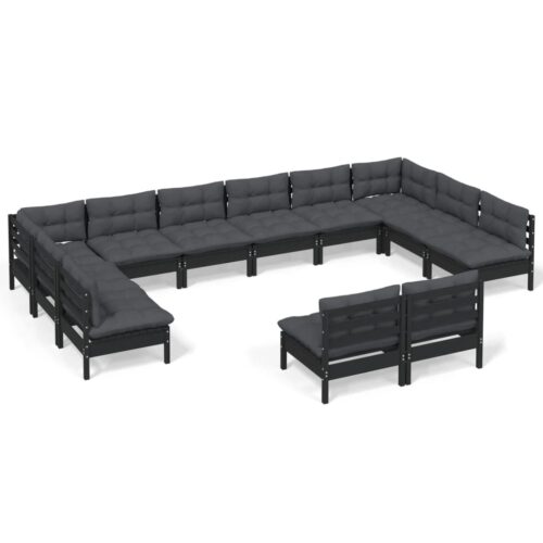 12-Piece Garden Lounge Set with Cushions Black Pine Wood Outdoor Patio Furniture